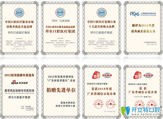 拜博口腔所荣获的部分荣誉展示